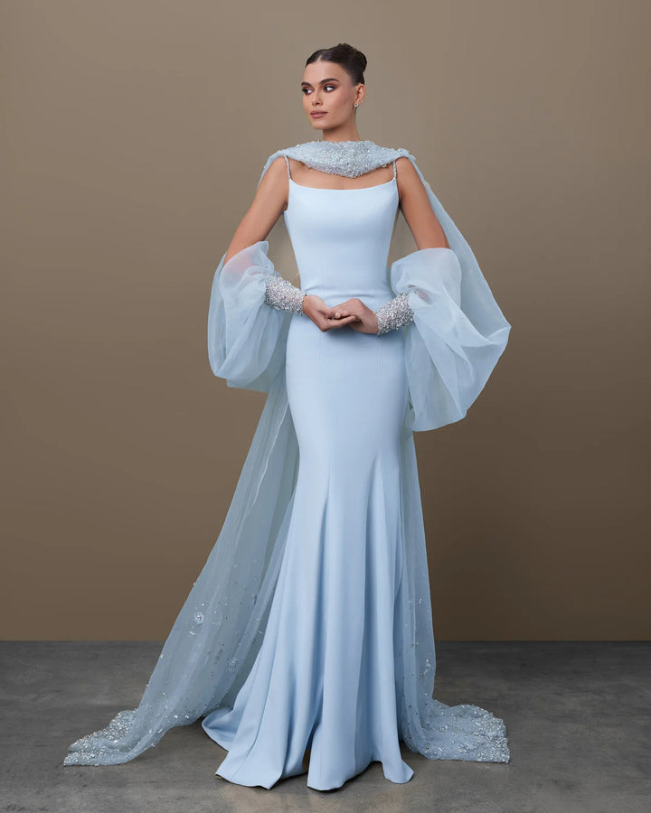 Dreamy Light Blue Satin with Sheer Cape Sleeves Evening Dress SS261