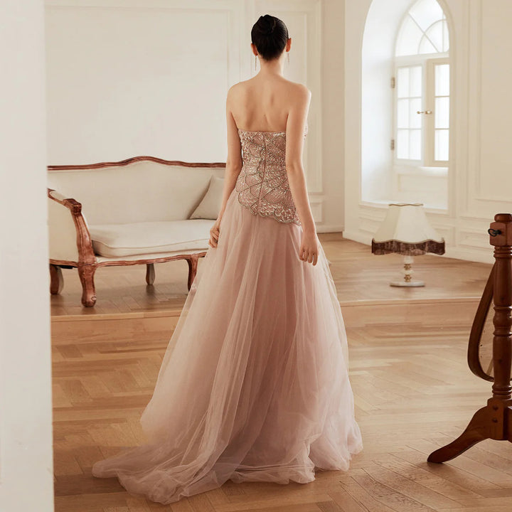 Elegant Pearl Beaded Pink Sequin Evening Gown SS287