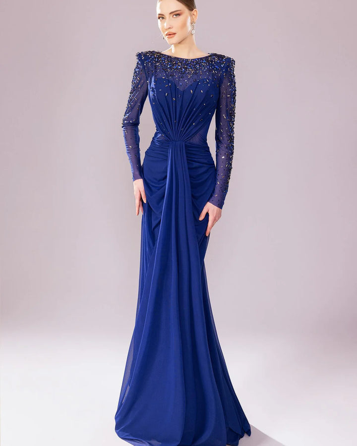 Glamorous Draped Evening Dress with Long Sleeves SS565