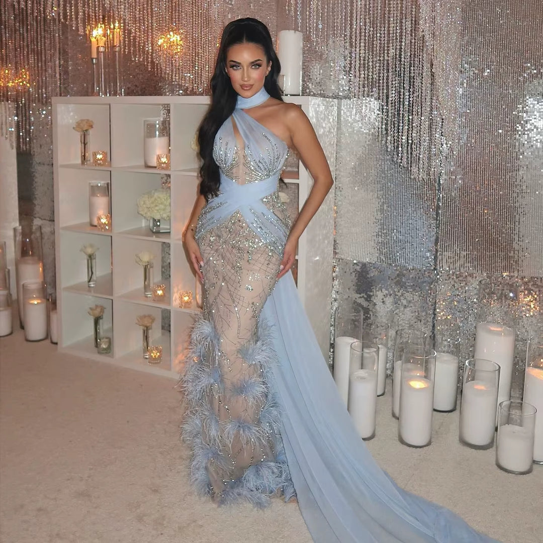 Elegant Feather Evening Dress with Sparkling Beads and Overskirt SS576