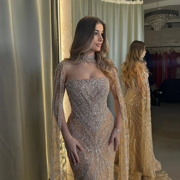 Glamorous Beaded Evening Dress with Flowing Cape Sleeves SS663