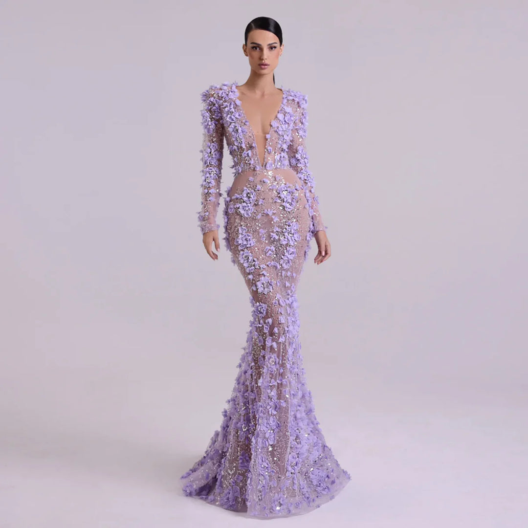 Romantic Lilac 3D Floral Lace with Overskirt Evening Dress SS637