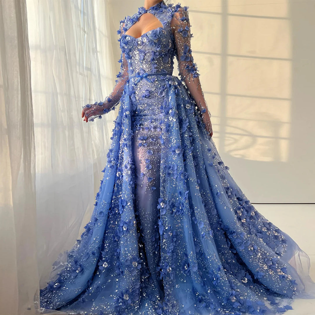 Elegant Royal Blue Floral Beaded Evening Dress with Skirt SS647