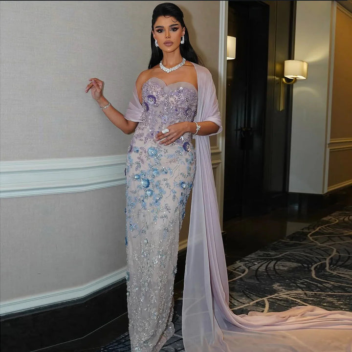 Elegant Lilac Crystal Beaded Evening Dress with Flowing Cape SS641