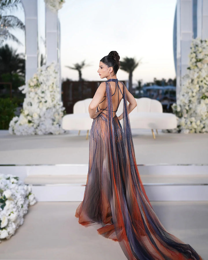 Glamorous Crystal Beaded Prom Dress with Flowing Cape SS297