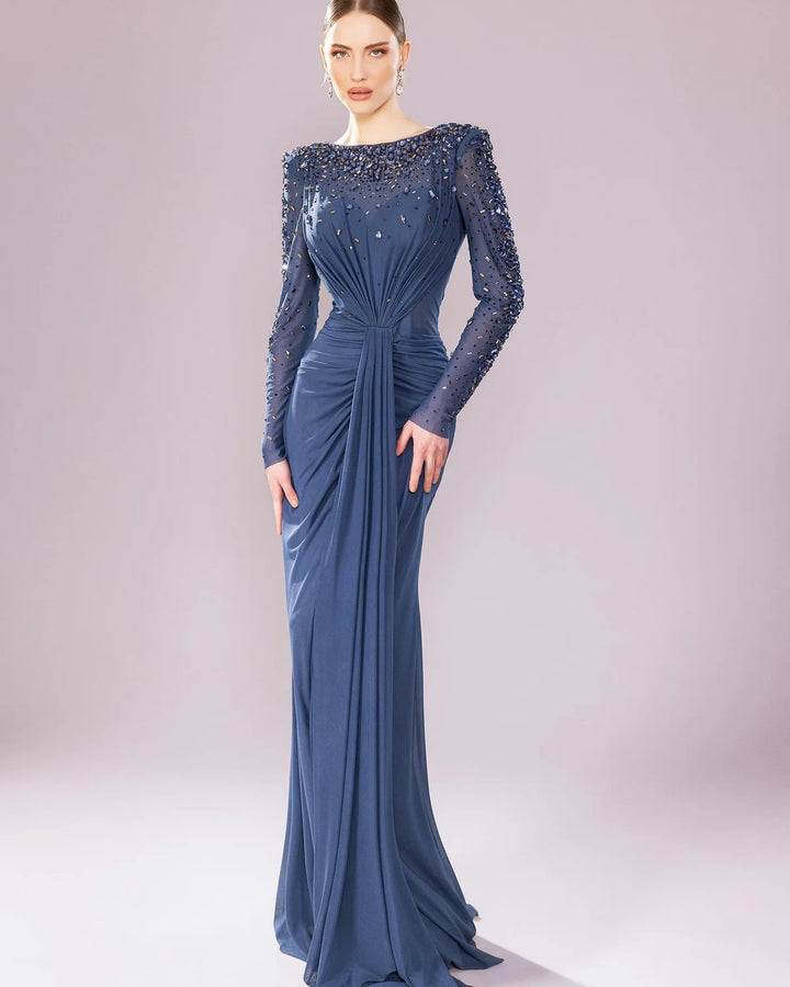 Glamorous Draped Evening Dress with Long Sleeves SS565
