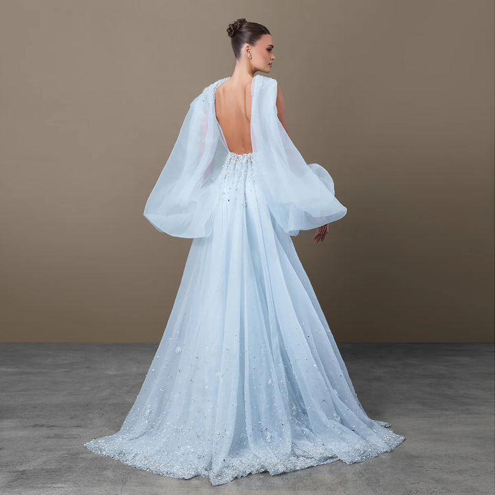 Dreamy Light Blue Satin with Sheer Cape Sleeves Evening Dress SS261