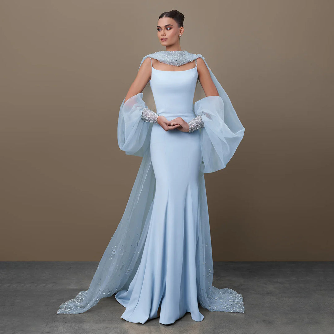 Dreamy Light Blue Satin with Sheer Cape Sleeves Evening Dress SS261