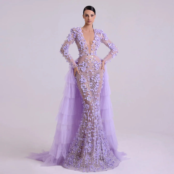 Romantic Lilac 3D Floral Lace with Overskirt Evening Dress SS637