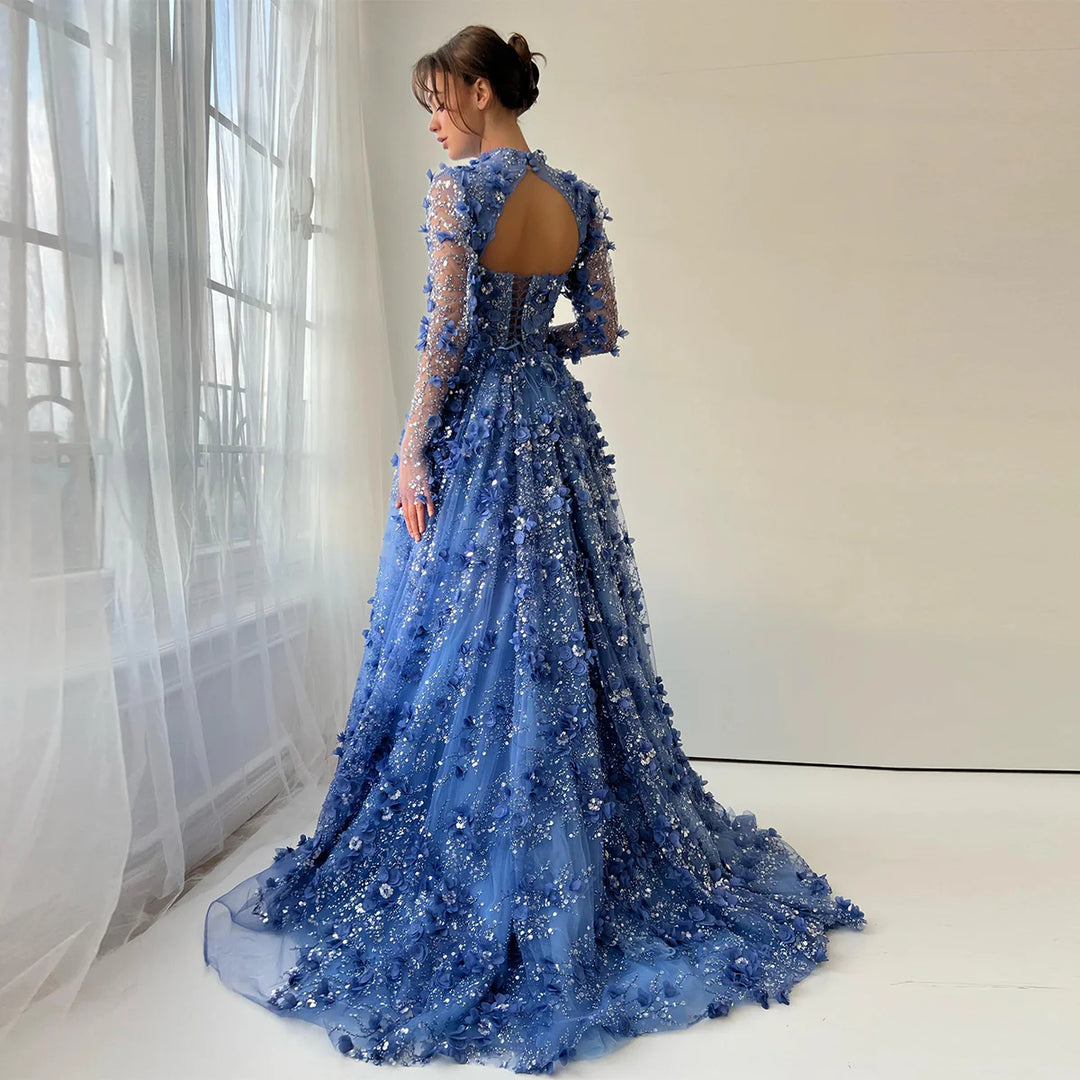 Elegant Royal Blue Floral Beaded Evening Dress with Skirt SS647