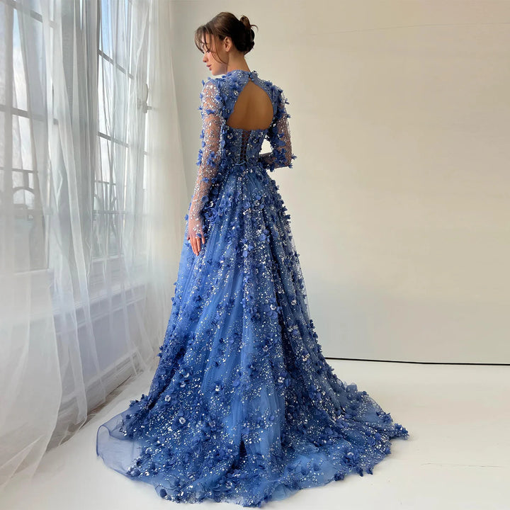 Elegant Royal Blue Floral Beaded Evening Dress with Skirt SS647