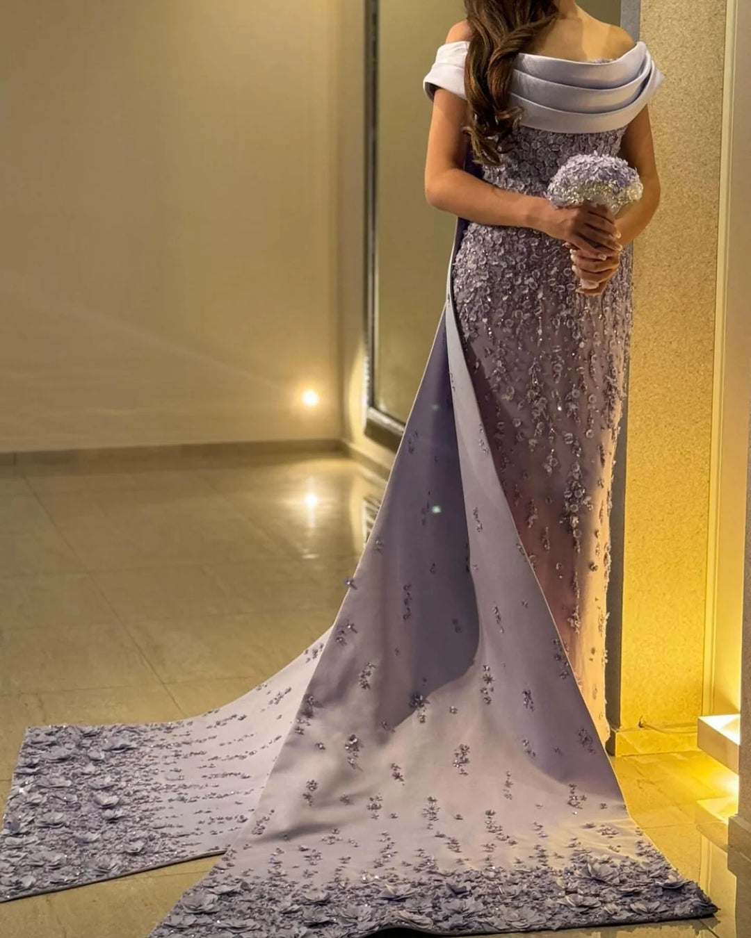 Elegant Lilac Mermaid Evening Dress with Crystal Details and Overskirt SS555