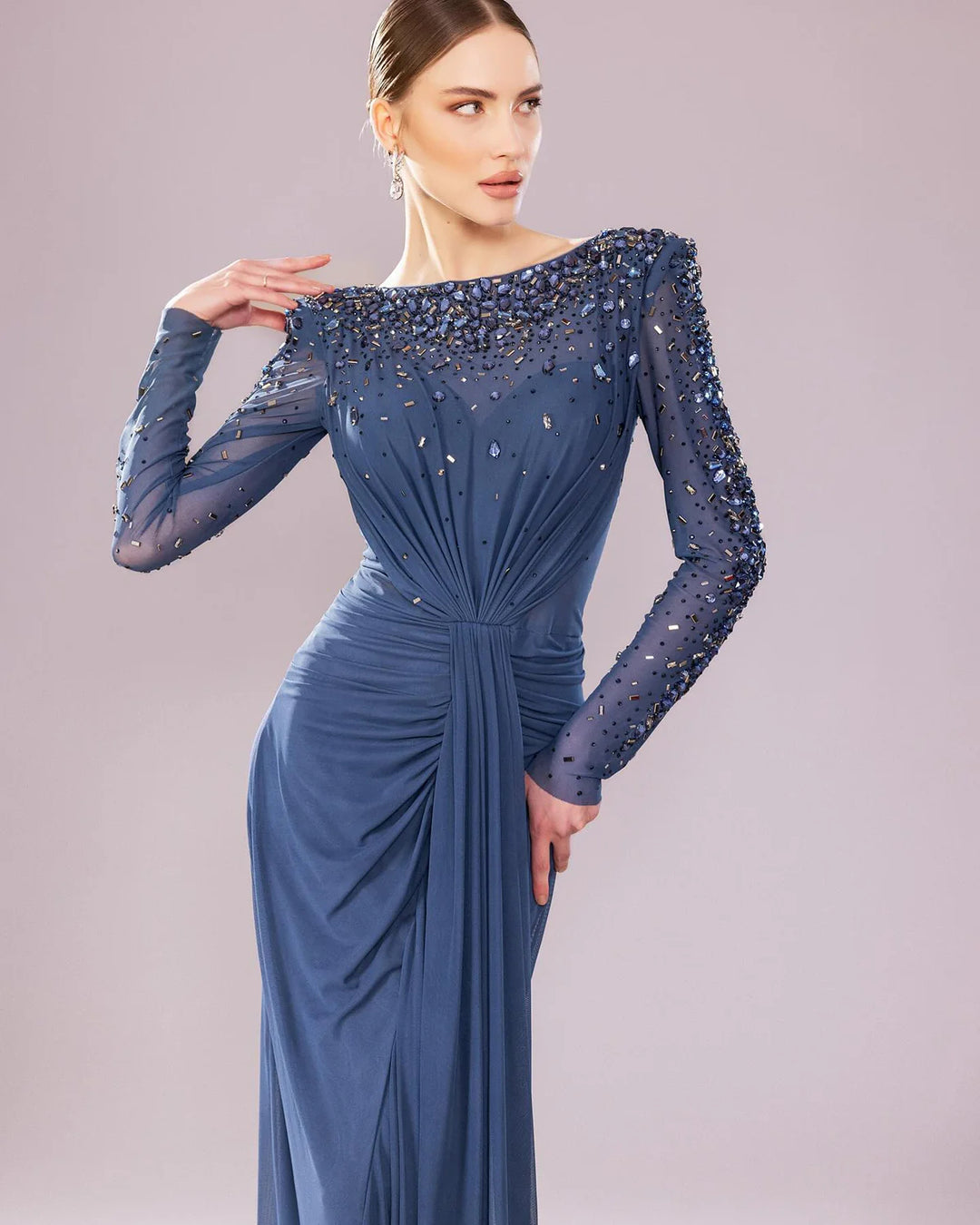 Glamorous Draped Evening Dress with Long Sleeves SS565