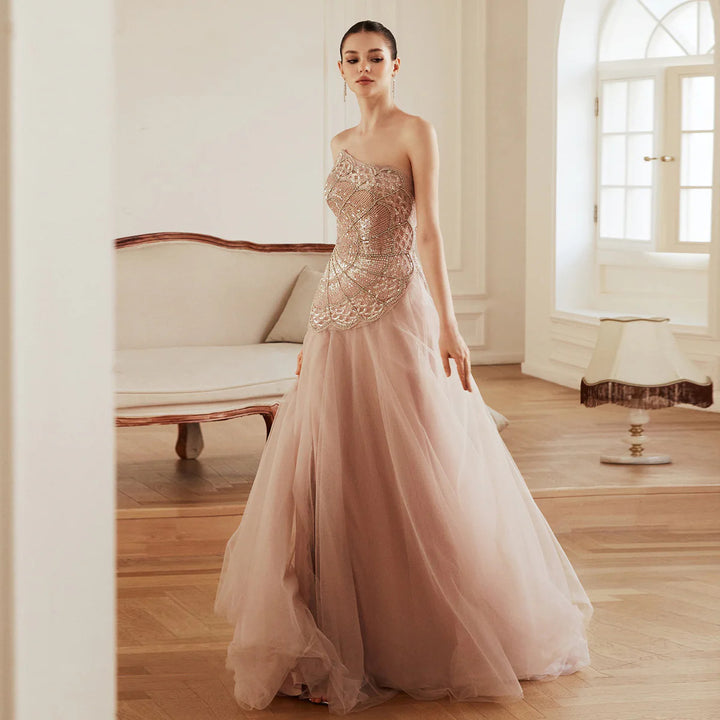 Elegant Pearl Beaded Pink Sequin Evening Gown SS287
