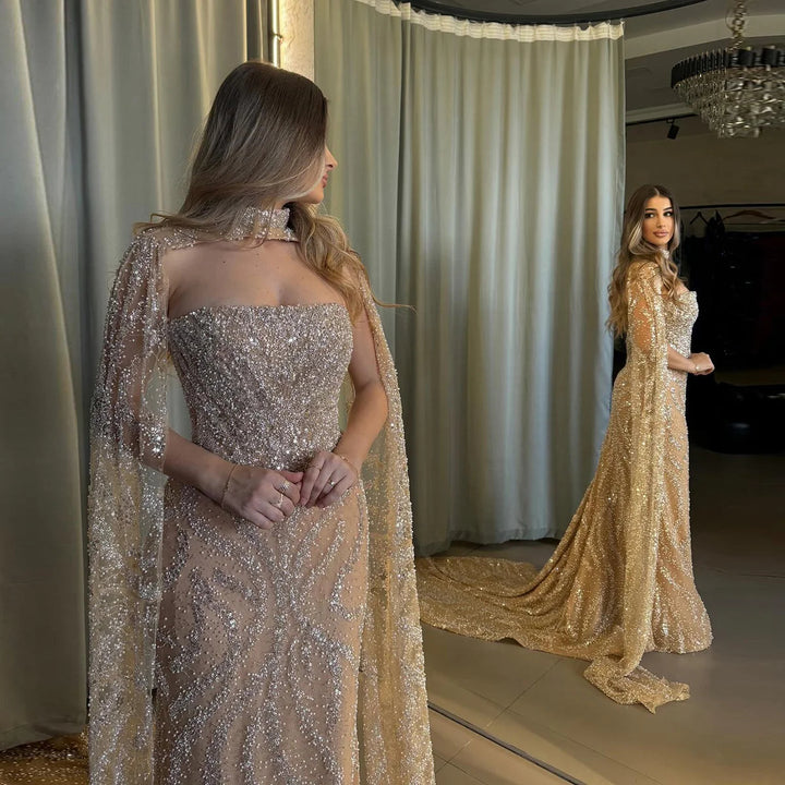 Glamorous Beaded Evening Dress with Flowing Cape Sleeves SS663