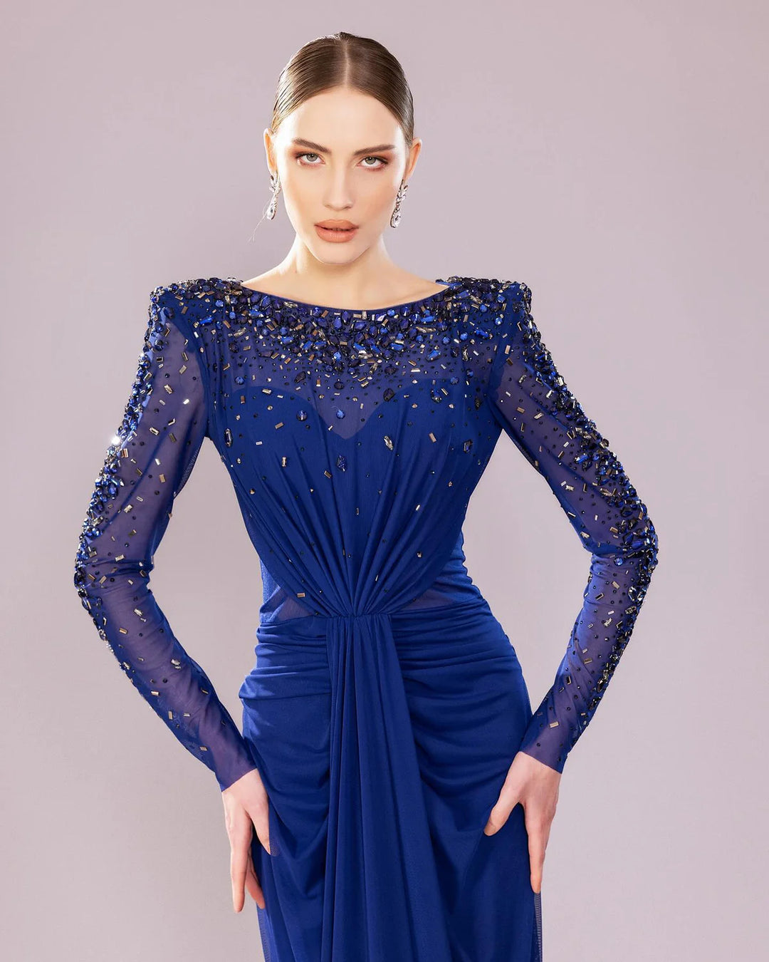 Glamorous Draped Evening Dress with Long Sleeves SS565