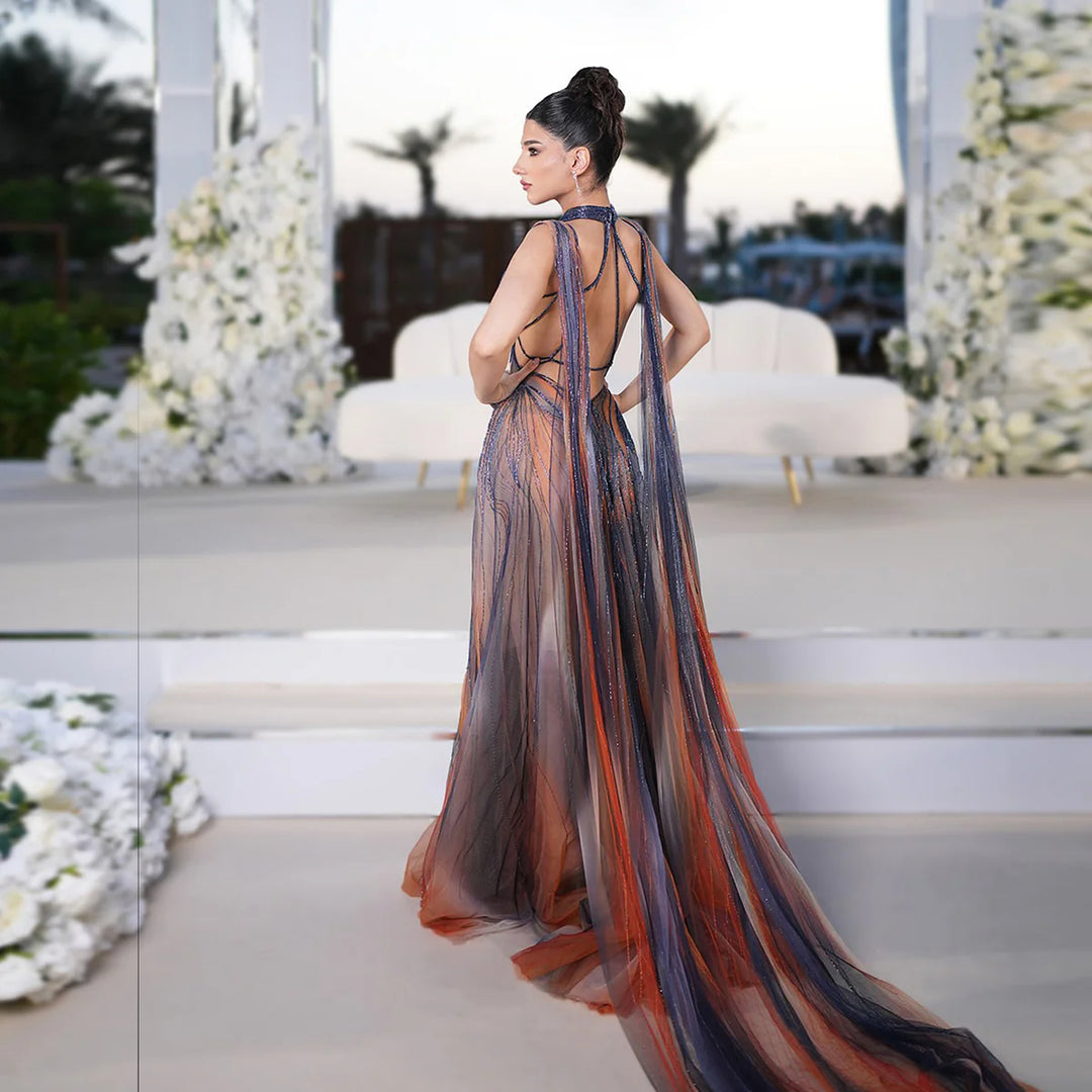 Glamorous Crystal Beaded Prom Dress with Flowing Cape SS297