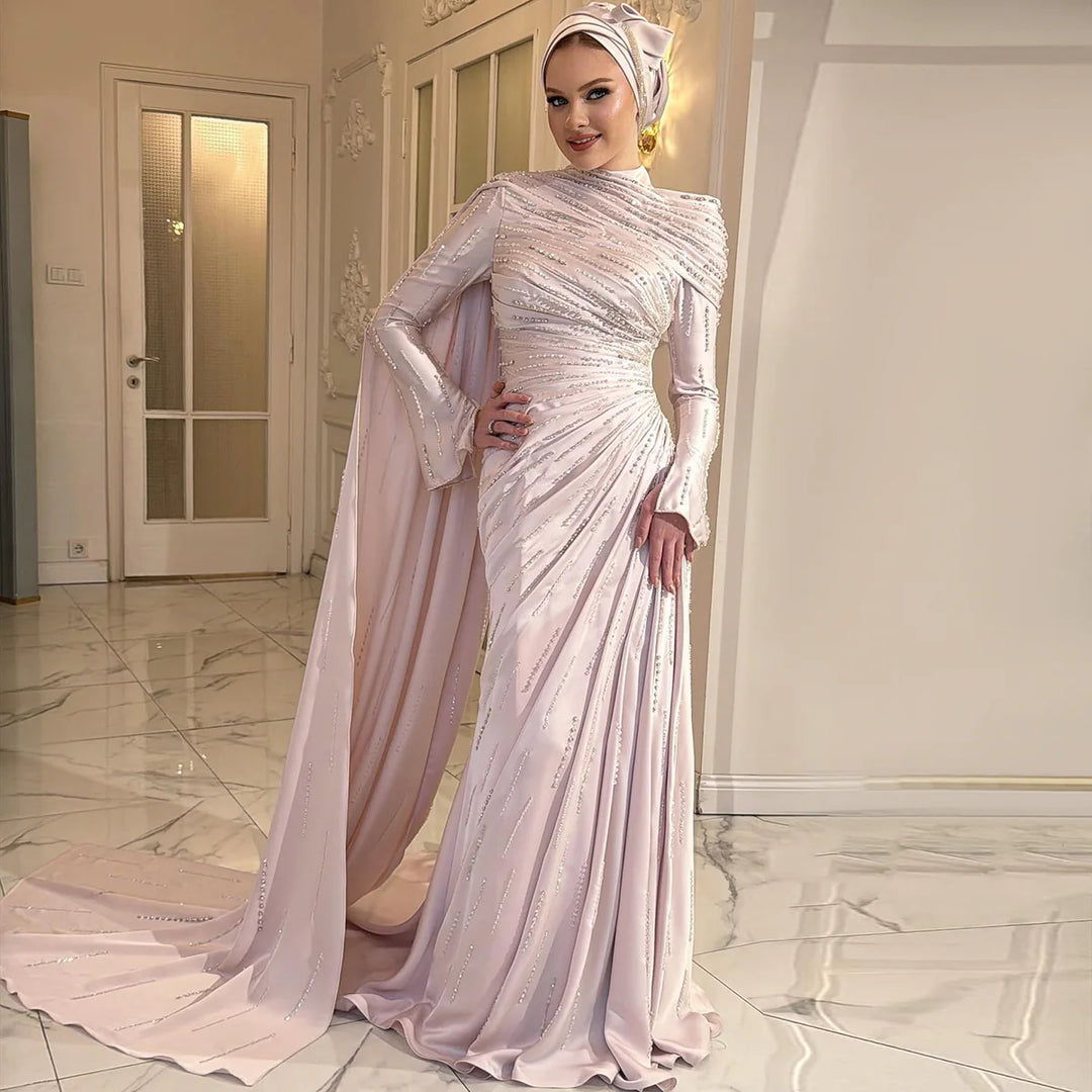 Elegant Pink Mermaid Evening Dress with Sparkling Beads and Ruffled Layers SS412