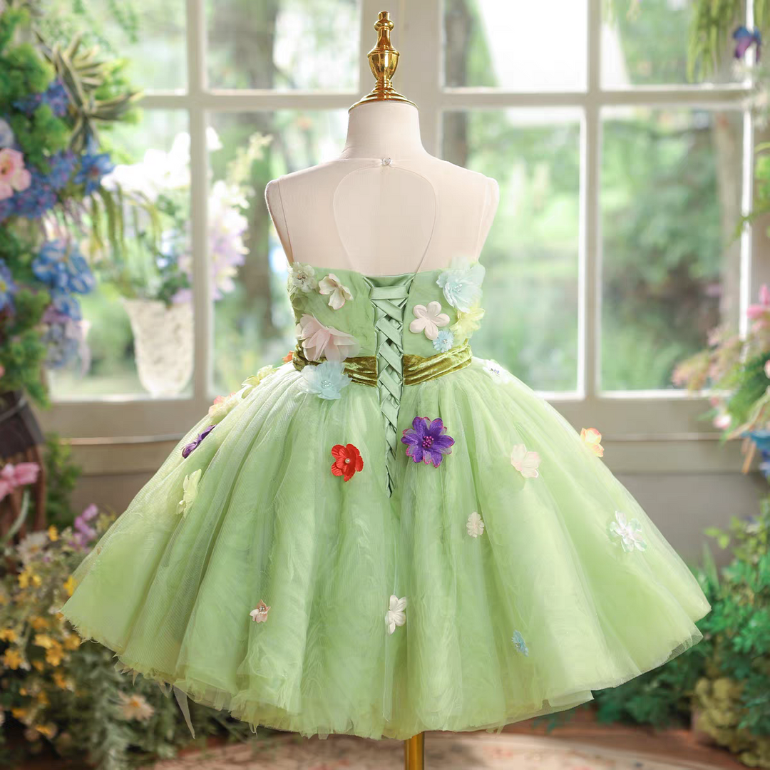 Green Flower Girl Dress 3D Flowers Birthday Garden Wedding J578