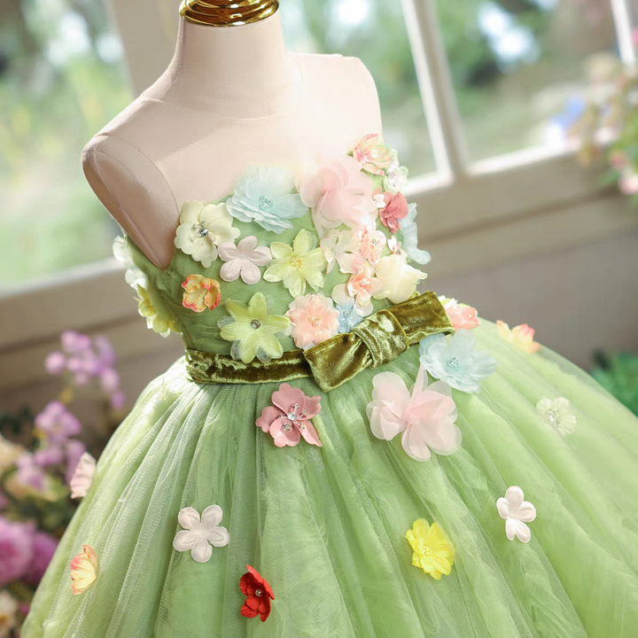 Green Flower Girl Dress 3D Flowers Birthday Garden Wedding J578