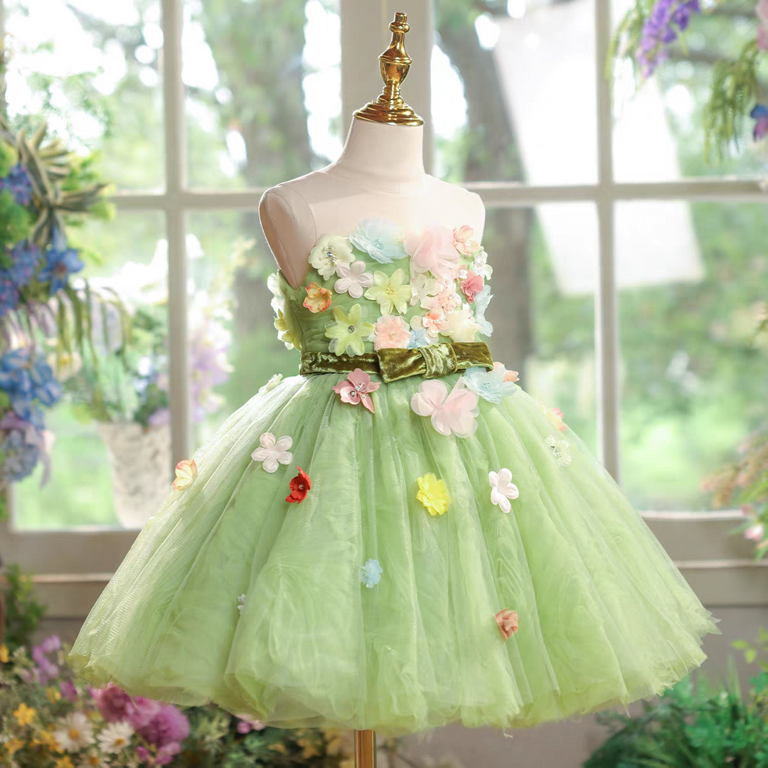 Green Flower Girl Dress 3D Flowers Birthday Garden Wedding J578