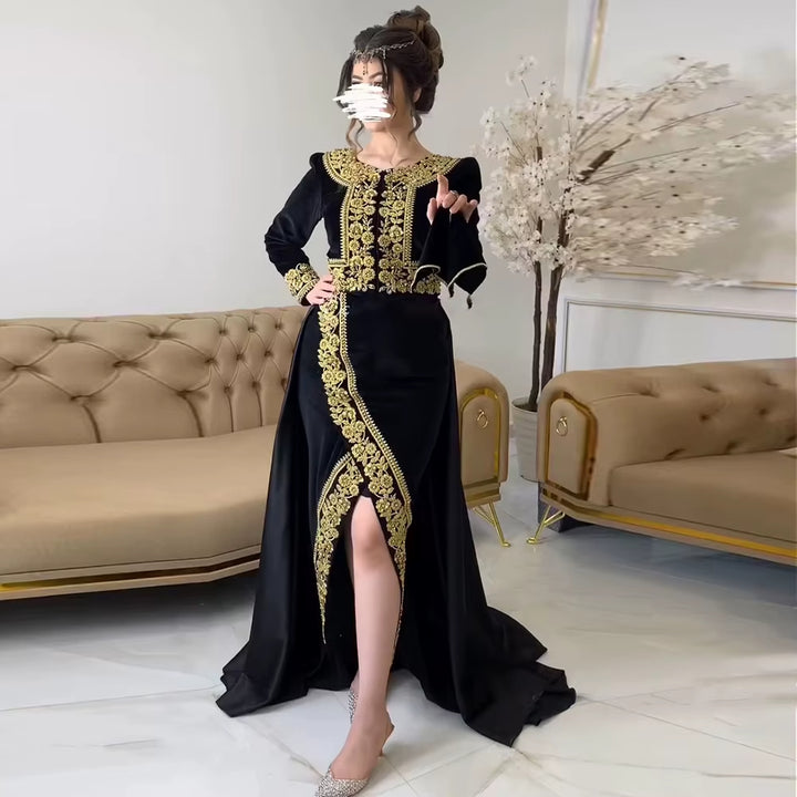 Chic Black Beaded Two Piece Evening Dress with Side Slit SS458