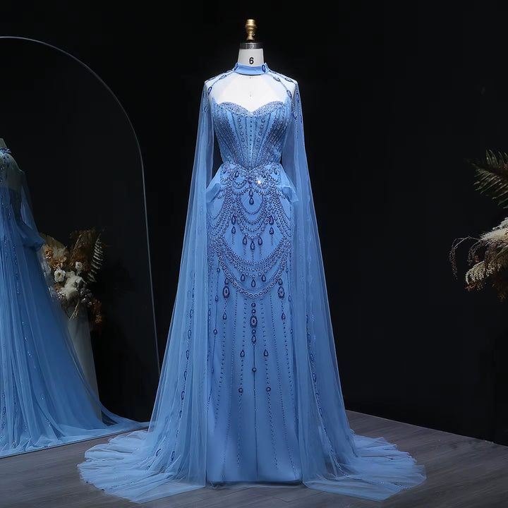 Luxury Beaded Blue Evening Gown with Cape Sleeves and Overskirt SS092
