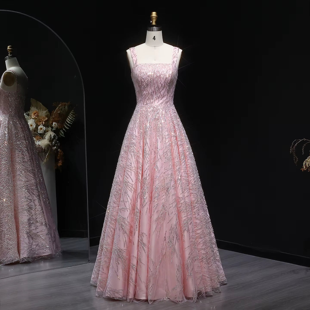 Elegant Pink Beaded Sequin A-Line Sleeveless Evening Dress SS702