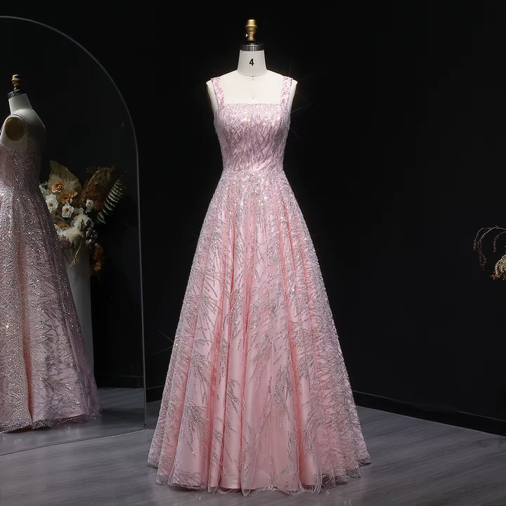 Elegant Pink Beaded Sequin A-Line Sleeveless Evening Dress SS702