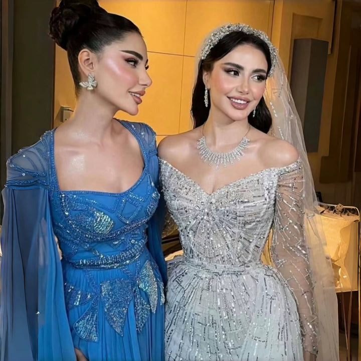 Luxury Blue Beaded Evening Dress with Flowing Cape Sleeves SS562