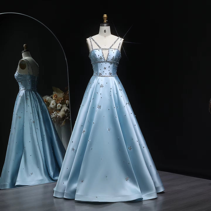 Luxury Blue Satin Evening Dress with Crystal Strap SS428