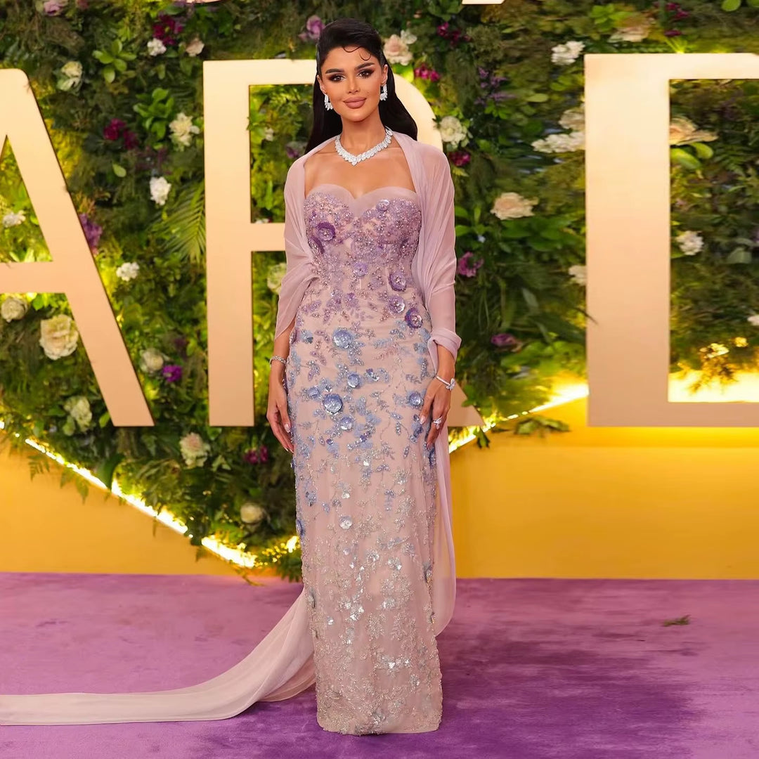 Elegant Lilac Crystal Beaded Evening Dress with Flowing Cape SS641