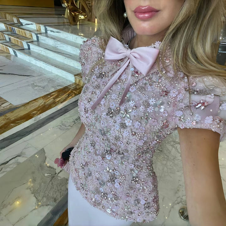 Glamorous Pink Two Piece Evening Dress with Sparkling Sequins SS547