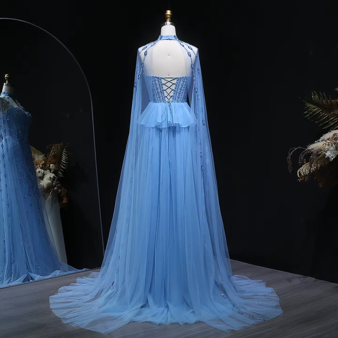 Luxury Beaded Blue Evening Gown with Cape Sleeves and Overskirt SS092