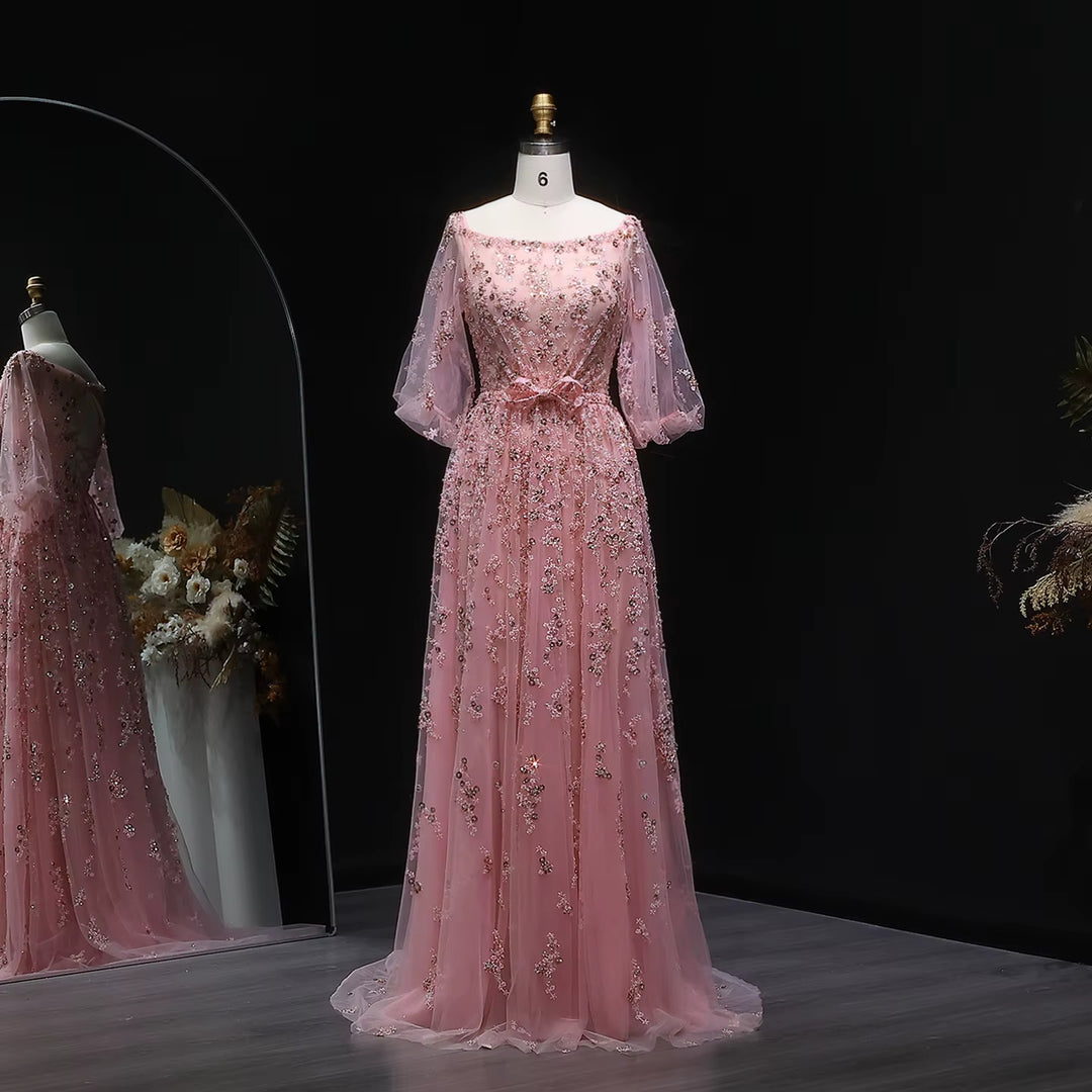 Luxury Pink Sequin Beaded Evening Gown with Elegant Bow SS230
