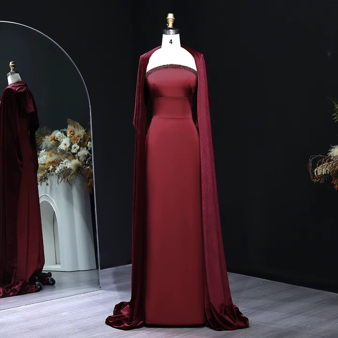 Elegant Wine Red Strapless Evening Dress with Cape SF005
