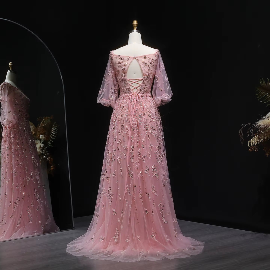 Luxury Pink Sequin Beaded Evening Gown with Elegant Bow SS230