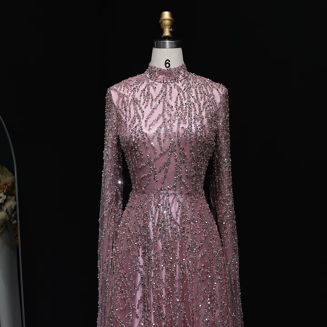 Luxury Dusty Pink High Neck Sequin Embellished Evening Dress SS621