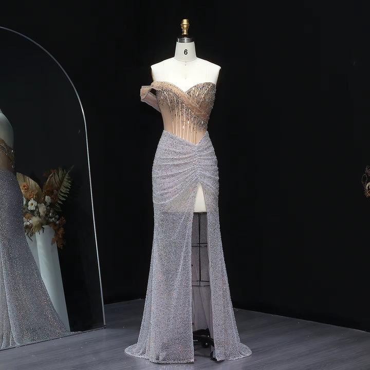 Elegant Silver Crystal Beaded Evening Dress with High Slit SS563