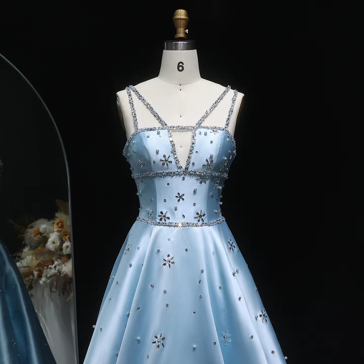 Luxury Blue Satin Evening Dress with Crystal Strap SS428