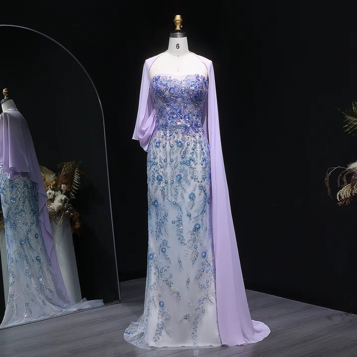 Elegant Lilac Crystal Beaded Evening Dress with Flowing Cape SS641