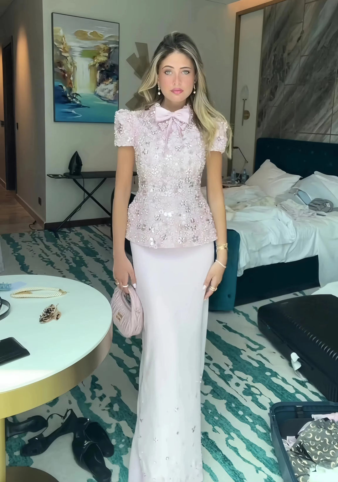 Glamorous Pink Two Piece Evening Dress with Sparkling Sequins SS547