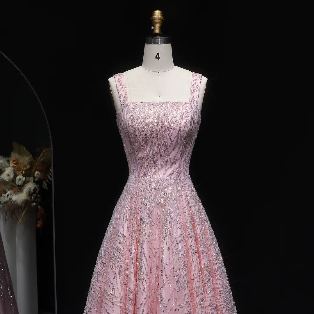 Elegant Pink Beaded Sequin A-Line Sleeveless Evening Dress SS702
