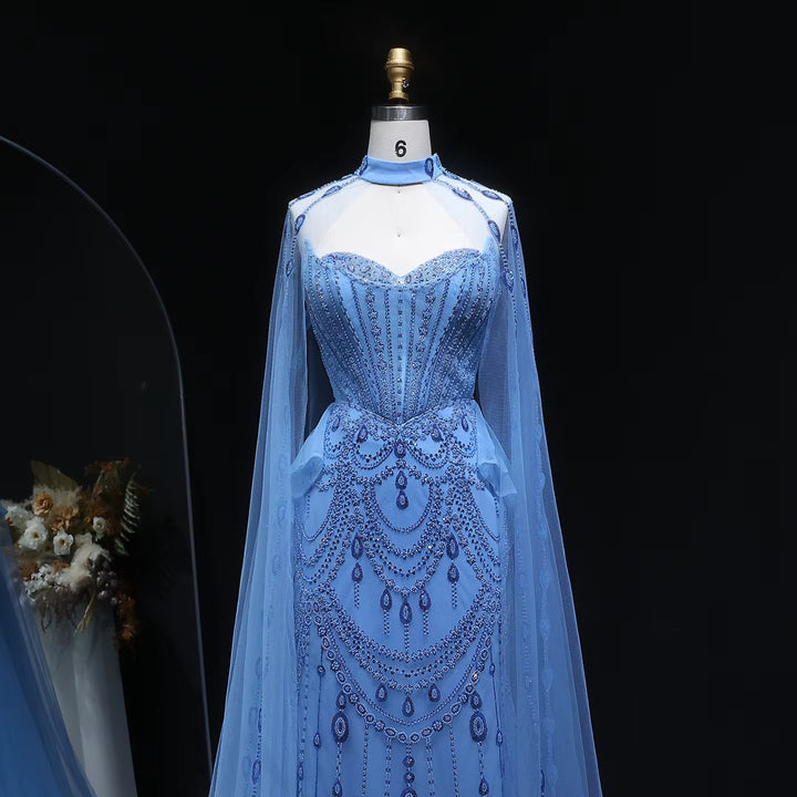 Luxury Beaded Blue Evening Gown with Cape Sleeves and Overskirt SS092