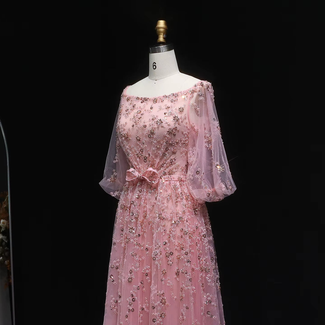 Luxury Pink Sequin Beaded Evening Gown with Elegant Bow SS230