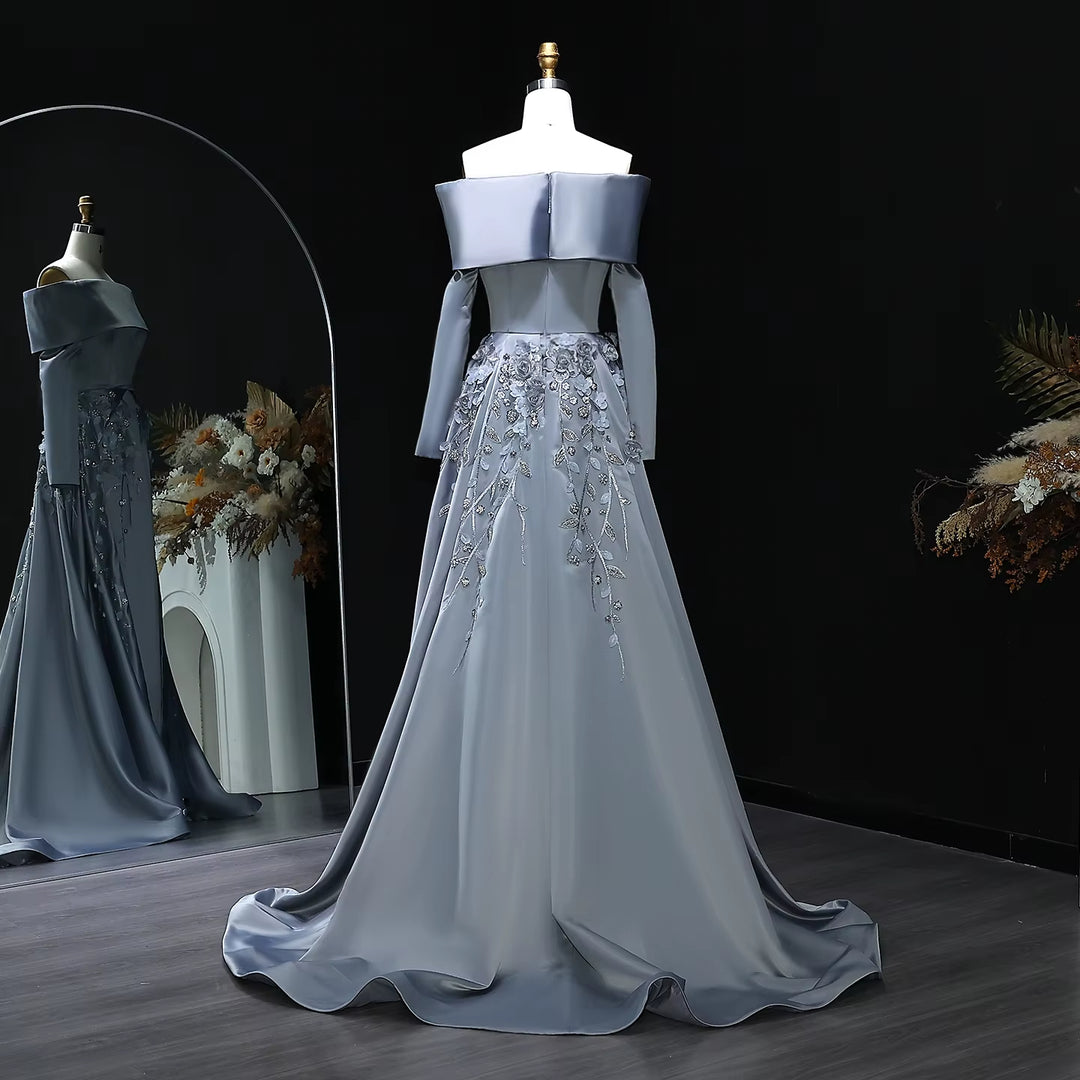 Luxury Gray Beaded Evening Dress with 3D Floral Overskirt SS228