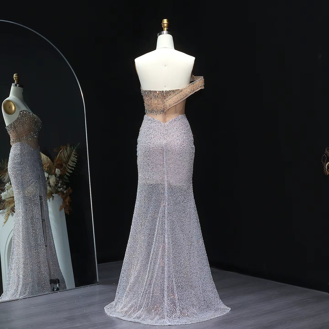 Elegant Silver Crystal Beaded Evening Dress with High Slit SS563