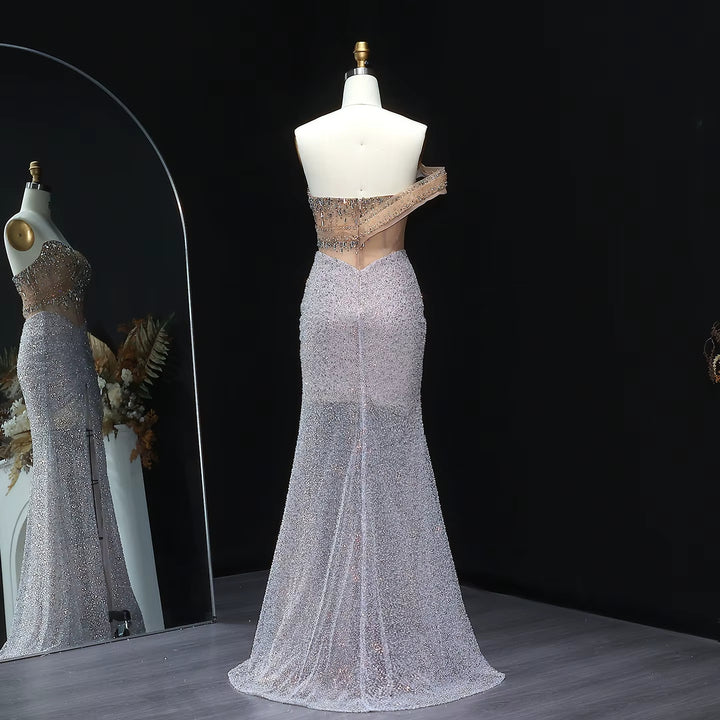 Elegant Silver Crystal Beaded Evening Dress with High Slit SS563