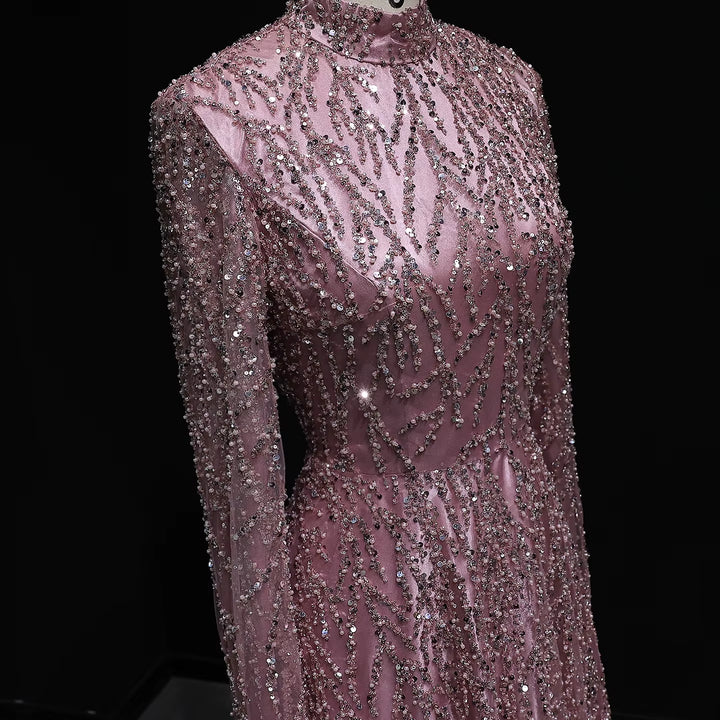 Luxury Dusty Pink High Neck Sequin Embellished Evening Dress SS621