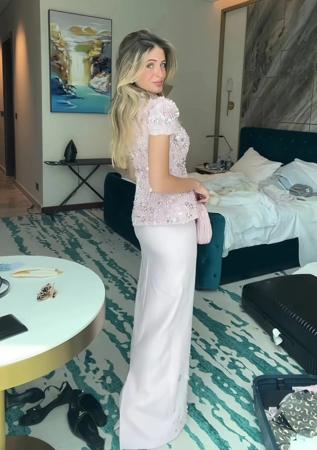 Glamorous Pink Two Piece Evening Dress with Sparkling Sequins SS547